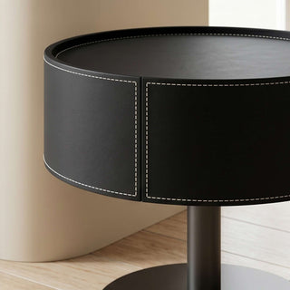 The Halo Leather Pedestal End Table with Storage Drawer | Contemporary Round Side Table | Sophisticated Living Room Accent (I)