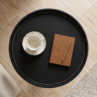 The Halo Leather Pedestal End Table with Storage Drawer | Contemporary Round Side Table | Sophisticated Living Room Accent (I)