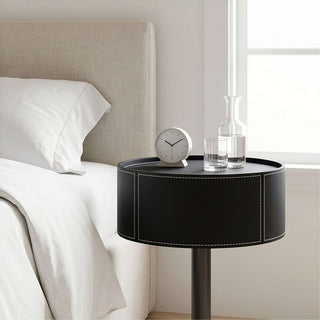 The Halo Leather Pedestal End Table with Storage Drawer | Contemporary Round Side Table | Sophisticated Living Room Accent (I)