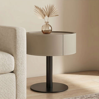 The Halo Leather Pedestal End Table with Storage Drawer | Contemporary Round Side Table | Sophisticated Living Room Accent (T)