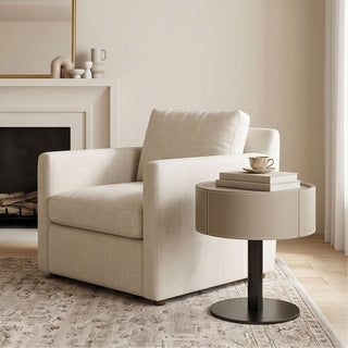 The Halo Leather Pedestal End Table with Storage Drawer | Contemporary Round Side Table | Sophisticated Living Room Accent (I)