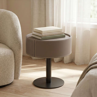 The Halo Leather Pedestal End Table with Storage Drawer | Contemporary Round Side Table | Sophisticated Living Room Accent (E)