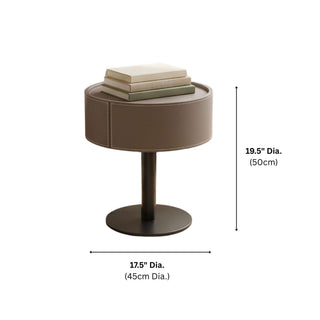 The Halo Leather Pedestal End Table with Storage Drawer | Contemporary Round Side Table | Sophisticated Living Room Accent (I)
