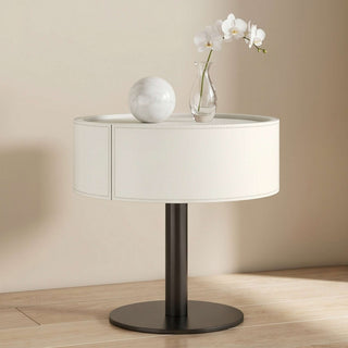 The Halo Leather Pedestal End Table with Storage Drawer | Contemporary Round Side Table | Sophisticated Living Room Accent (I)