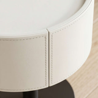 The Halo Leather Pedestal End Table with Storage Drawer | Contemporary Round Side Table | Sophisticated Living Room Accent (I)