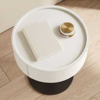 The Halo Leather Pedestal End Table with Storage Drawer | Contemporary Round Side Table | Sophisticated Living Room Accent (I)