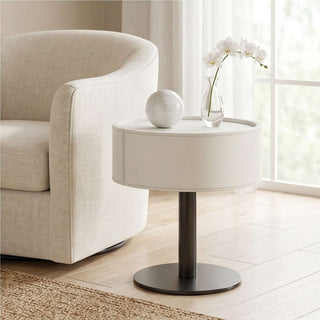 The Halo Leather Pedestal End Table with Storage Drawer | Contemporary Round Side Table | Sophisticated Living Room Accent (I)