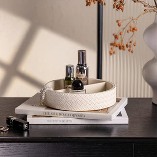 The Intrecciato Woven Leather Round Tray | Divided Cosmetic Organizer & Valet