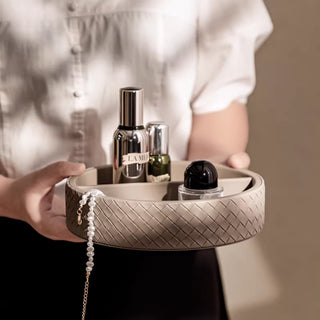 The Intrecciato Woven Leather Round Tray | Divided Cosmetic Organizer & Valet