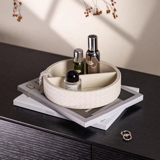 The Intrecciato Woven Leather Round Tray | Divided Cosmetic Organizer & Valet
