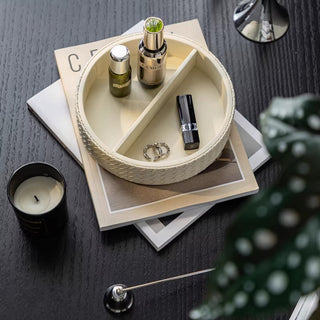 The Intrecciato Woven Leather Round Tray | Divided Cosmetic Organizer & Valet