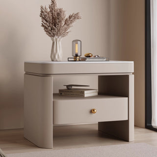 The Milan Leather Nightstand | Single-Drawer | Open Shelf with Arch Base