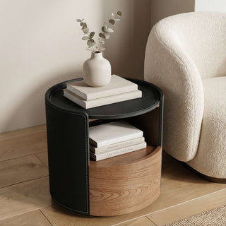 The Rosewood Leather & Wood Round End Table | Luxury Side Table with Open Storage Shelf | for Modern Living Rooms (B)