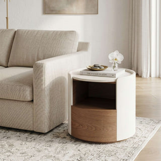 The Rosewood Leather & Wood Round End Table | Luxury Side Table with Open Storage Shelf | for Modern Living Rooms (I)