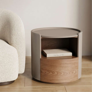 The Rosewood Leather & Wood Round End Table | Luxury Side Table with Open Storage Shelf | for Modern Living Rooms (E)