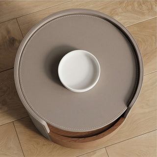 The Rosewood Leather & Wood Round End Table | Luxury Side Table with Open Storage Shelf | for Modern Living Rooms (E)