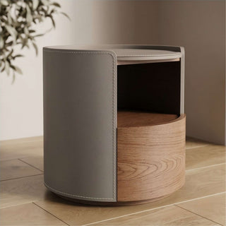 The Rosewood Leather & Wood Round End Table | Luxury Side Table with Open Storage Shelf | for Modern Living Rooms (E)