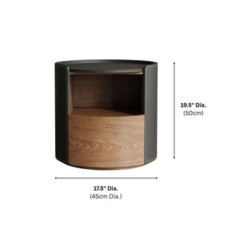 The Rosewood Leather & Wood Round End Table | Luxury Side Table with Open Storage Shelf | for Modern Living Rooms (E)