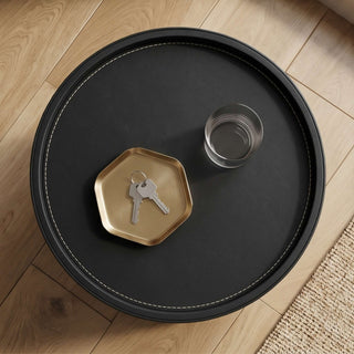The Rosewood Leather & Wood Round End Table | Luxury Side Table with Open Storage Shelf | for Modern Living Rooms (E)