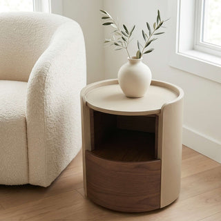 The Rosewood Leather & Wood Round End Table | Luxury Side Table with Open Storage Shelf | for Modern Living Rooms (T)