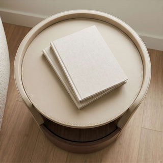 The Rosewood Leather & Wood Round End Table | Luxury Side Table with Open Storage Shelf | for Modern Living Rooms (E)