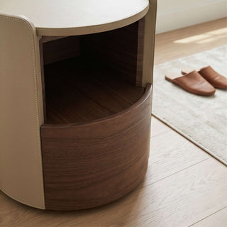 The Rosewood Leather & Wood Round End Table | Luxury Side Table with Open Storage Shelf | for Modern Living Rooms (E)