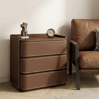 The Capri Leather 3-Drawer Nightstand | Rounded Corners &amp; Raised Rim Top | Luxury Bedside Table (Beige)