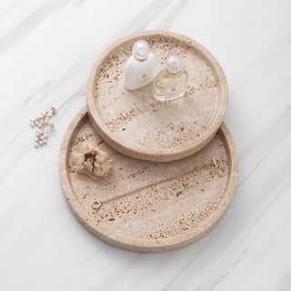 Tuscan Travertine Round Tray | Earthy Natural Stone Coaster | for Candles & Cosmetics