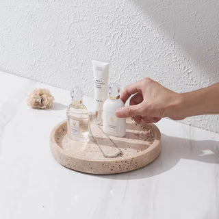 Tuscan Travertine Round Tray | Earthy Natural Stone Coaster | for Candles & Cosmetics