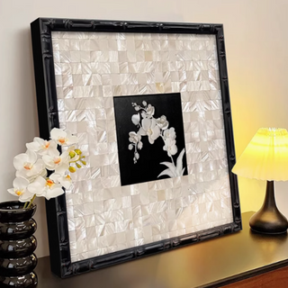 Elegant Orchid Wall Art | Mother of Pearl Inlay & Black Frame | Square Floral Décor