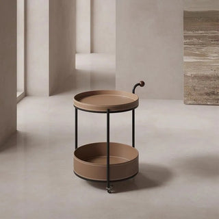 Valet Round Leather Round 2‑Tier Table with Rosewood Handle | Round Serving Cart