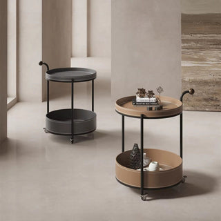 Valet Round Leather Round 2‑Tier Table with Rosewood Handle | Round Serving Cart
