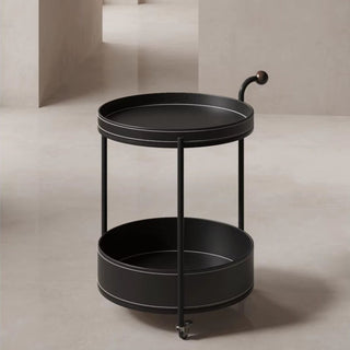 Valet Round Leather Round 2‑Tier Table with Rosewood Handle | Round Serving Cart