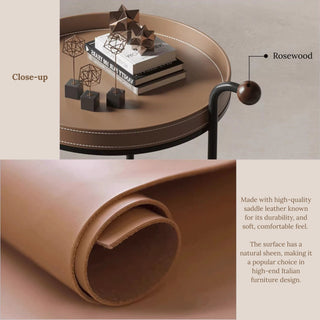 Valet Round Leather Round 2‑Tier Table with Rosewood Handle | Round Serving Cart