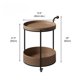 Valet Round Leather Round 2‑Tier Table with Rosewood Handle | Round Serving Cart