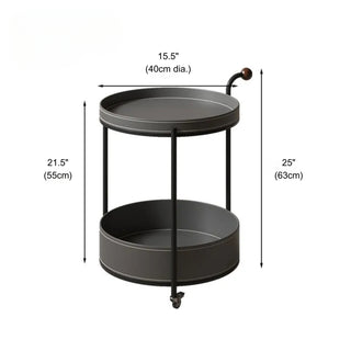 Valet Round Leather Round 2‑Tier Table with Rosewood Handle | Round Serving Cart