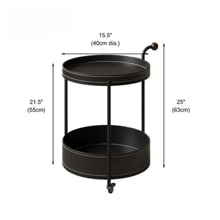 Valet Round Leather Round 2‑Tier Table with Rosewood Handle | Round Serving Cart