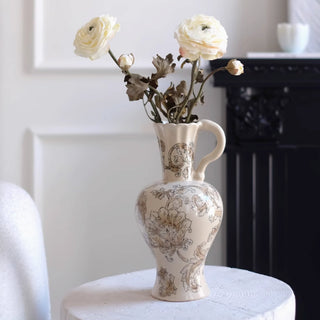 Vintage Inspired Ceramic Decorative Vase | Farmhouse Cream & Brown Accent Pitcher