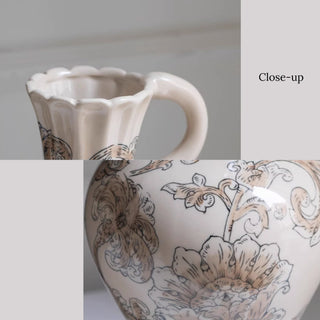 Vintage Inspired Ceramic Decorative Vase | Farmhouse Cream & Brown Accent Pitcher