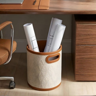 Woven Leather Round Wastebasket | Luxury Bathroom & Office Trash Can | Bucket‑Style Bin with Handle