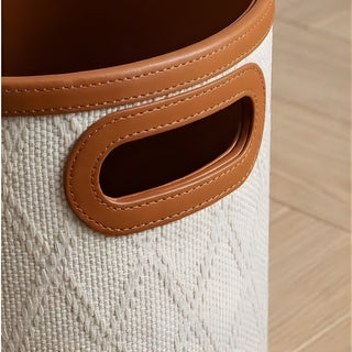 Woven Leather Round Wastebasket | Luxury Bathroom & Office Trash Can | Bucket‑Style Bin with Handle