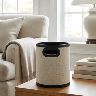 Woven Leather Round Wastebasket | Luxury Bathroom & Office Trash Can | Bucket‑Style Bin with Handle