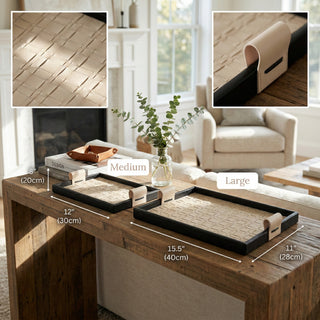 Woven Leather Tray with Handles | Black Rim, Cream Handles | Rectangular Entry & Vanity Catchall