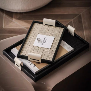 Woven Leather Tray with Handles | Black Rim, Cream Handles | Rectangular Entry & Vanity Catchall