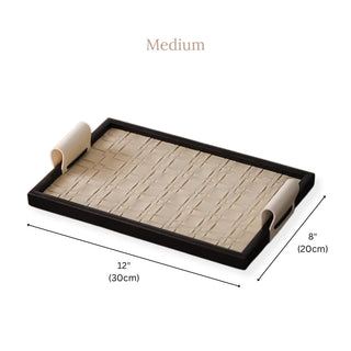 Woven Leather Tray with Handles | Black Rim, Cream Handles | Rectangular Entry & Vanity Catchall