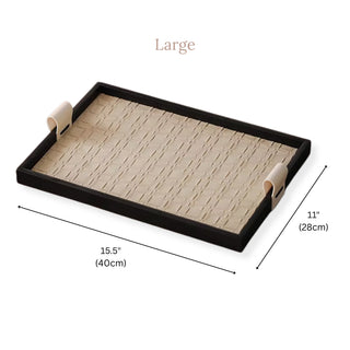 Woven Leather Tray with Handles | Black Rim, Cream Handles | Rectangular Entry & Vanity Catchall
