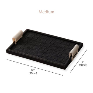 Woven Leather Tray with Handles | Black Rim, Cream Handles | Rectangular Entry & Vanity Catchall
