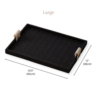 Woven Leather Tray with Handles | Black Rim, Cream Handles | Rectangular Entry & Vanity Catchall