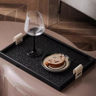 Woven Leather Tray with Handles | Black Rim, Cream Handles | Rectangular Entry & Vanity Catchall