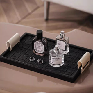 Woven Leather Tray with Handles | Black Rim, Cream Handles | Rectangular Entry & Vanity Catchall